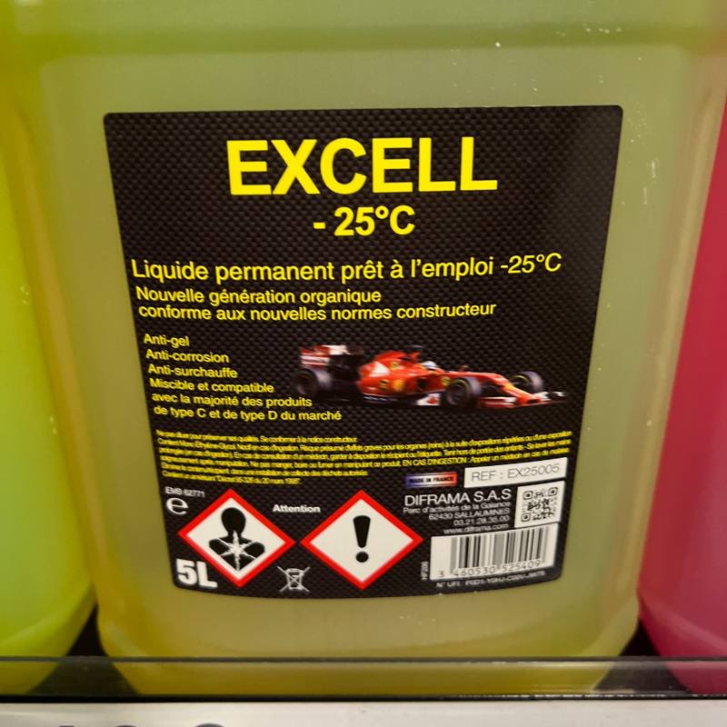 Liquide de refroidissement Excell -25°C prêt à l'emploi 5 L Diframa EX25005